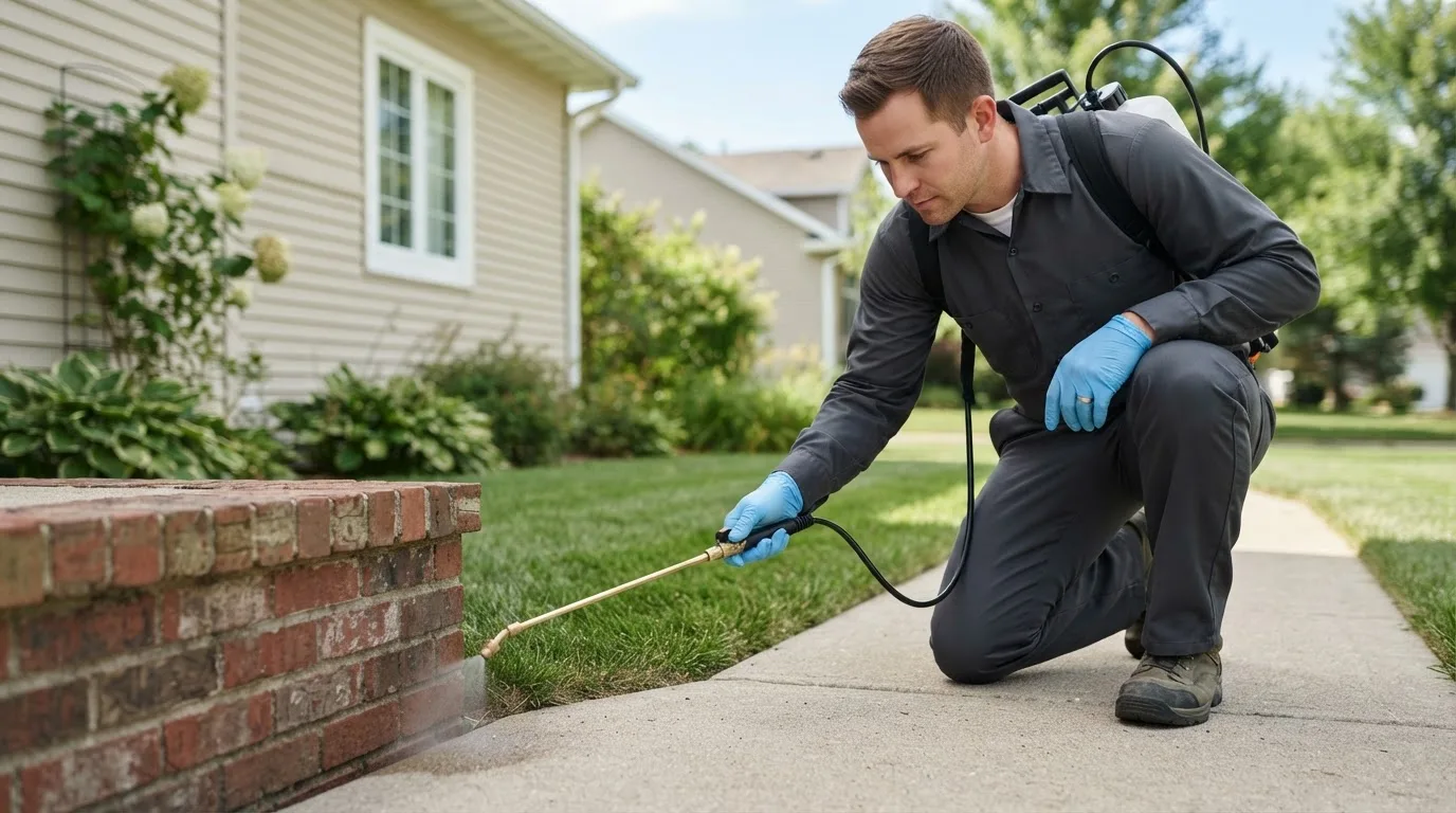 Pest control technician treating a home near Newsoms, VA
