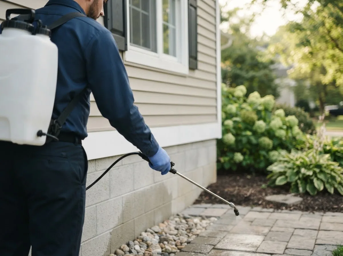 Pest control technician inspecting a home in Newsoms, VA